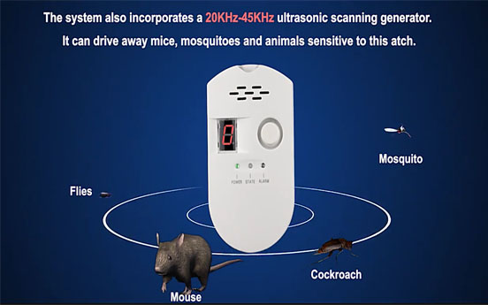 Gas and ultrasonic rodent and mosquito repellent integrated alarm to protect the home