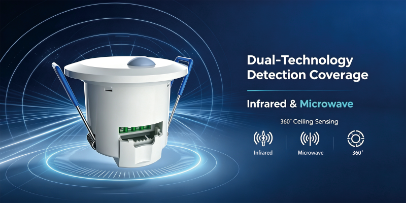 The PD-PRW26D is a ceiling-mount motion sensor that combines microwave and infrared sensing technologies within one unit.